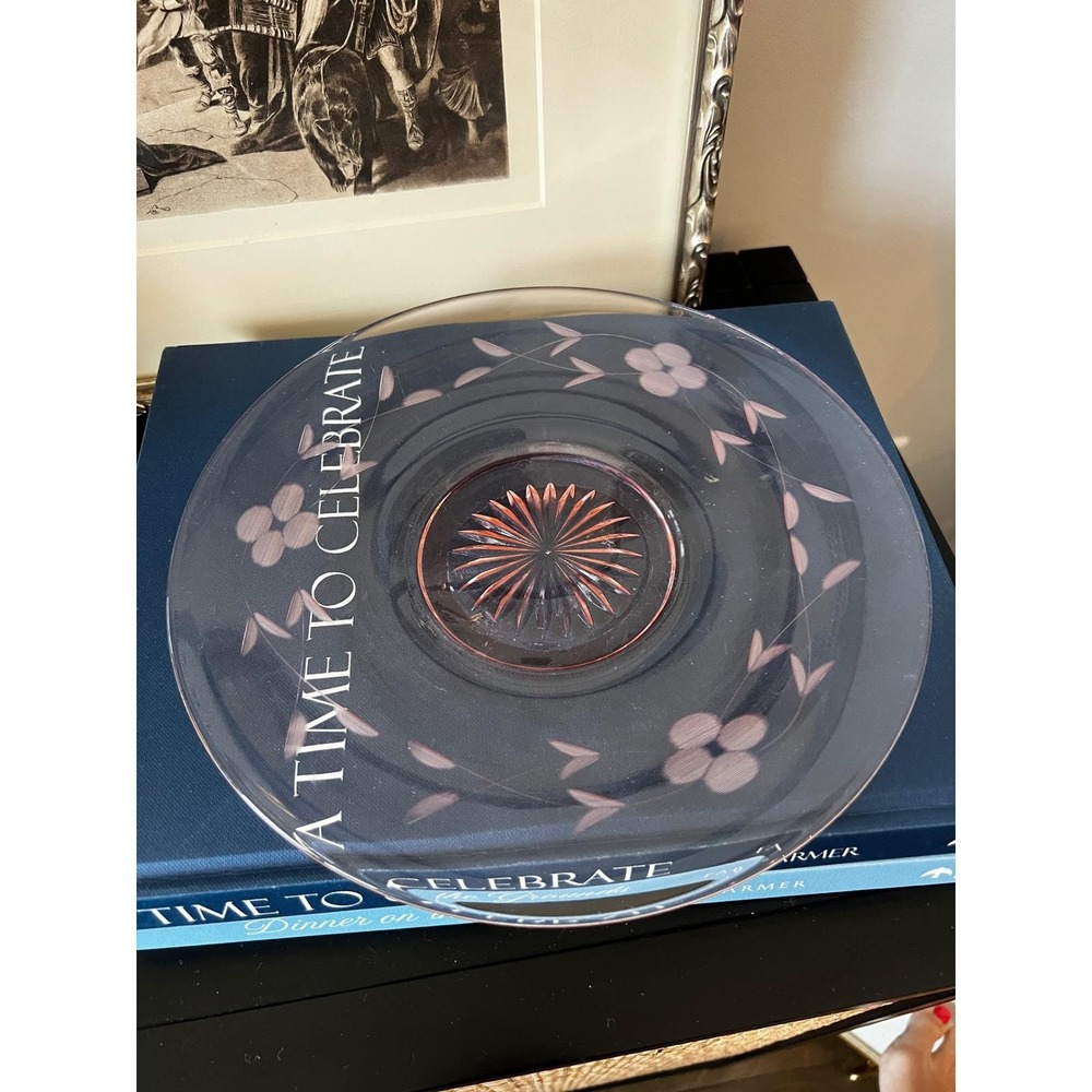 Vintage Depression‎ Glass Plate Pink Etched Floral Starburst 8.5"